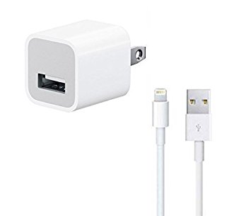 JANX Certified Apple Charger 5W/2Amp USB Wall Charger and 1M Lightning Cable (Travel USB Wall Charger/Plug/Power Adapter) for IPhone 5/5C/5S/6/6/7/ 7 Plus IPad 2, IPad Air, All Devices Bundle Package