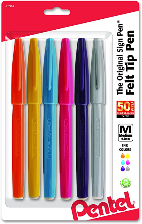 Pentel Arts Sign Pen Brush Tip, Assorted Ink, 6-Pk (S520RBP6M)