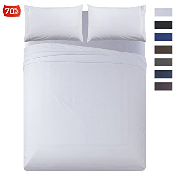 L-Angel 4pc 1800 Thread Count Brushed Microfiber Embroidered Bed Sheet Set with Fitted & Flat Sheet & Pillowcases - Deep Pocket Wrinkle Free Hypoallergenic Bedding, White, Queen
