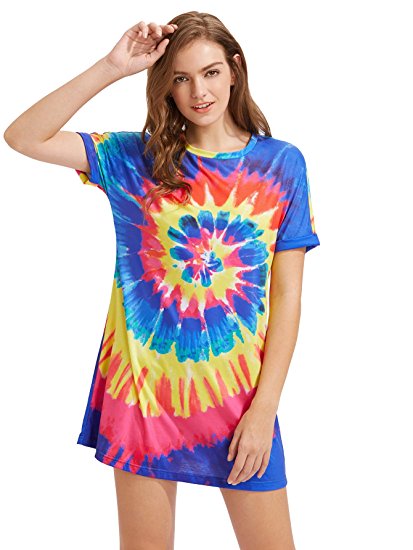 Romwe Women's Tie Dye Spiral Roll Sleeve Round Neck T-Shirt Short Dress