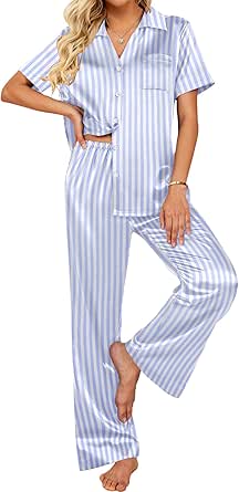 Ekouaer Womens Satin Pajamas Set Button Down Shirts Short Sleeve Sleepwear V-Neck Loungewear Pants with Pockets S-XXL