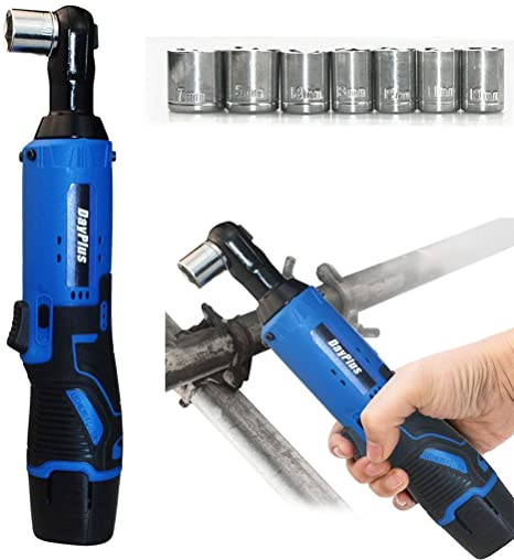 Cordless Ratchet Wrench 3/8 Inches, 12V 40Nm Electric Wrench with 2 x 1500mAh Batteries, 1Hour Fast Charger, 7 Sockets, Cordless Ratchet Right Angle Wrench (Blue)