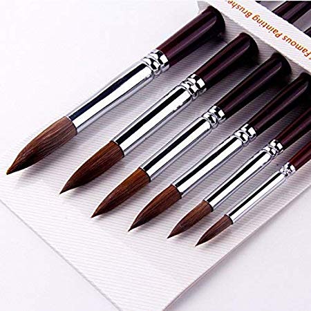 Superior Sable Weasel Hair Pointed Round Artist Painting Brush Set for Craft Watercolor Acrylic and Oil Painting 6pcs.