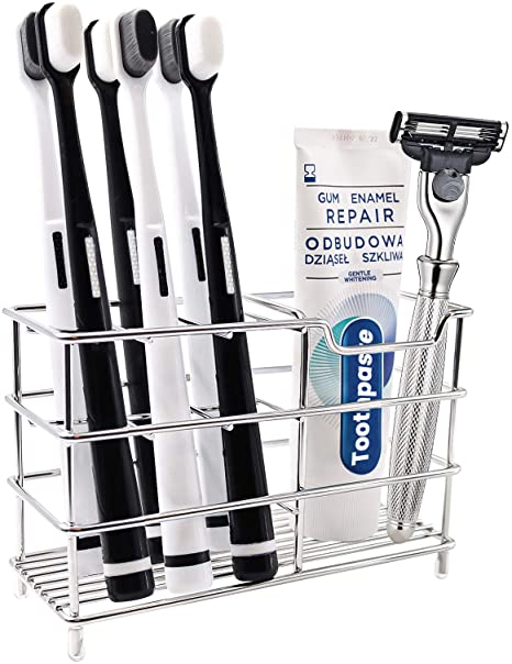 Topsky Toothbrush Toothpaste Holders Stainless Steel Bathroom Stand 7 Slots Ordinary Tooth Brush Rack Shelf for Bathroom Countertop Sink, Simple, Easy to Clean, Rustproof (Silver)