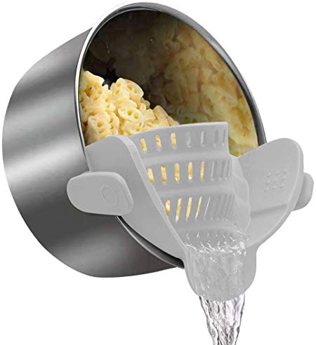 Clip-On Kitchen Food Strainer, Exptolii Silicone Snap and Strain Colander, Fits all Pots and Bowls - Gray