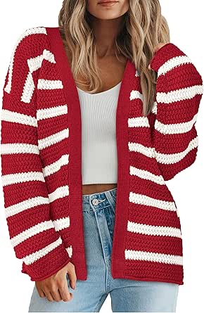 PRETTYGARDEN Women's 2024 Fall Striped Open Front Cardigan Sweaters Chunky Knit Long Sleeve Loose Trendy Winter Cardigans