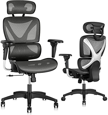 Gabrylly Ergonomic Office Chair, Large Mesh Chair with Lumbar Support - Double Back, Adjustable Headrest & 2D Armrests, High-Back Home Desk Chair with Tilt Function, Swivel Computer Executive Chair