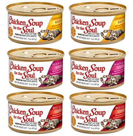 Chicken Soup for the Soul Grain Free Cat Food 3 Flavor 6 Can Bundle: (2) Chicken Souffle, (2) Salmon Souffle, and (2) Beef Souffle, 3 ounces each
