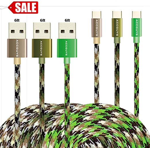 USB Type C Cable,ACCGUYS 3-Pack 6ft Nylon Braided USB Type C Charging Cable with Gold-Plated Connector for MacBook Xiaomi Letv USB to USB C Cable (6FT 3 Colors)