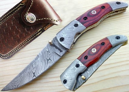 Pocket Knife Damascus Steel Blade and Bolsters