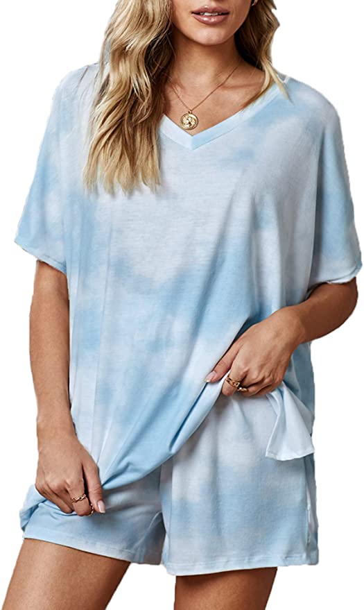 Sidefeel Women Tie Dye Printed Sleepwear Lounge Short Sleeve Pajama Set Night Shirt with Shorts