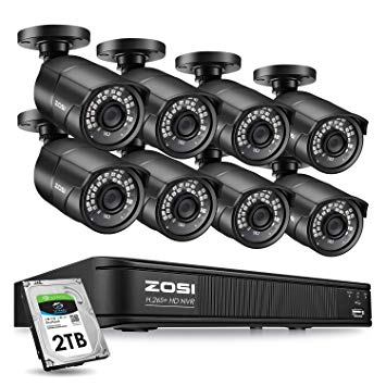 ZOSI 1080p H.265  PoE Home Security Camera System Outdoor Indoor,8CH 2MP PoE NVR Recorder and  (8) 1080p Surveillance Bullet IP Cameras with 120ft Long Night Vision ( 2TB Hard Drive Built-in)