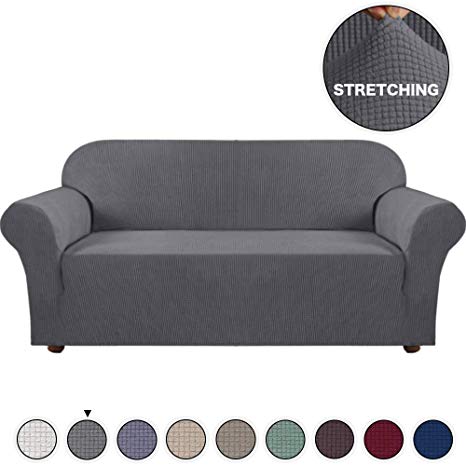 Grey Sofa Slipcover 3 Seater Couch Cover Stretch Fabric in Polyester Spandex Elastic Bottom Slipcover 1-Piece(Sofa, Charcoal Gray)