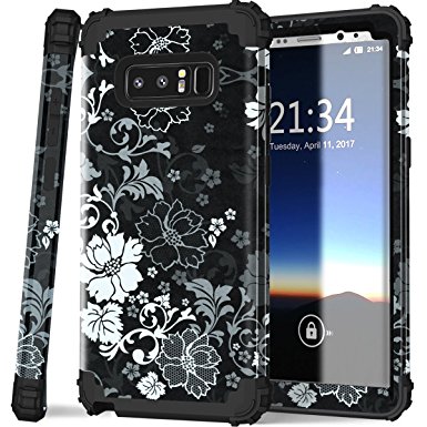 Hocase Samsung Galaxy Note 8 Case, Shockproof Anti-Scratch Hybrid Silicone Rubber Bumper Hard Shell Protective Case Cover with Classic Flower Print for Samsung Galaxy Note 8 (2017) - Black