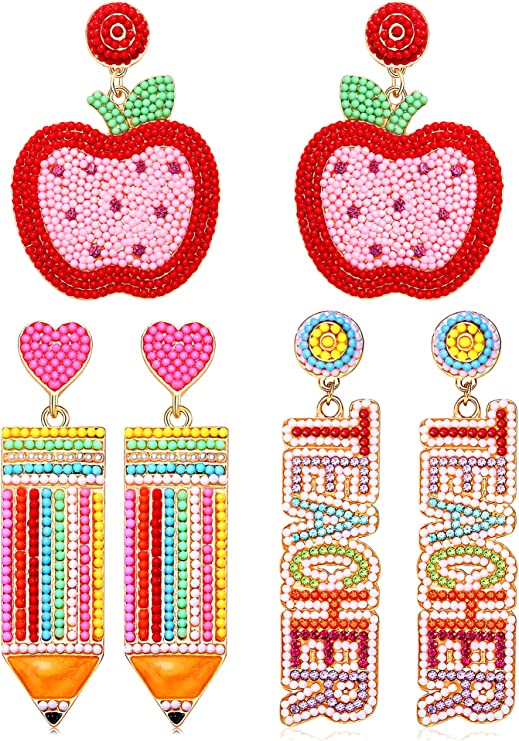 2/3 Pairs Pencil Earrings Teacher Earrings for Women Rhinestone Beaded Dangle Drop Earrings Colorful Teacher Appreciation Gift Back To School Jewelry Set