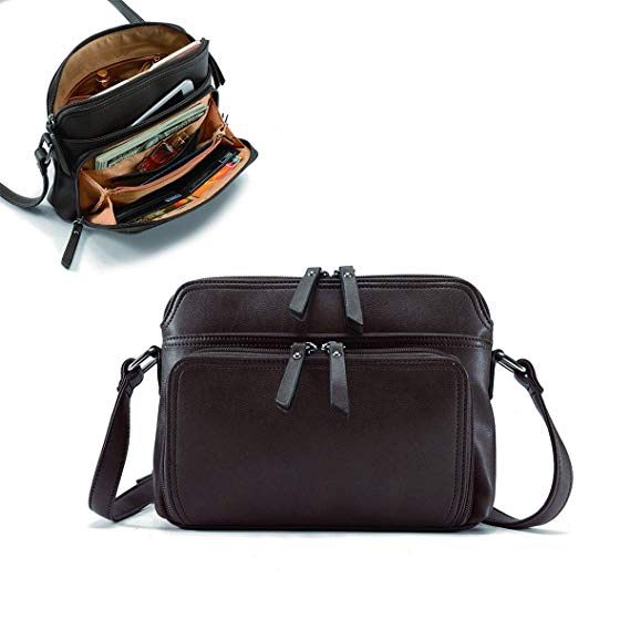 Brenice Women Solid Multi-pockets Casual PU Leather Crossbody Shoulder Bag Coffee