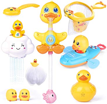 FunLittleToy 9 PCs Baby Bath Toys, Duck Spray Water Toy, Bath Squirters, Bath Boat, Fishing Net, Bathtub Toys for Kids, Best Gifts for Kids