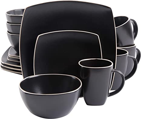 Gibson Overseas Inc. Home 102261.16RM Soho Lounge Square 16Piece Dinnerware Set Service of 4,Stoneware,Black Matte,Dinnware