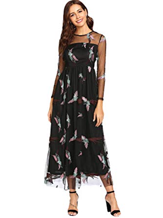 DIDK Women's A Line Long Sleeve Embroidered Mesh Overlay Maxi Dress