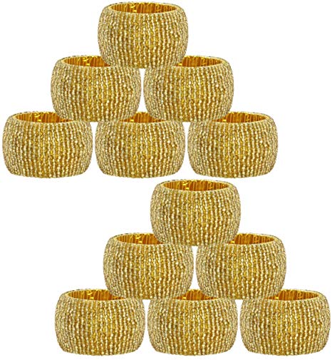 COTTON CRAFT - 12 Pack Beaded Napkin Ring Set - Gold - Hand Made by Skilled artisans - A Beautiful complement to Your Dinner Table décor