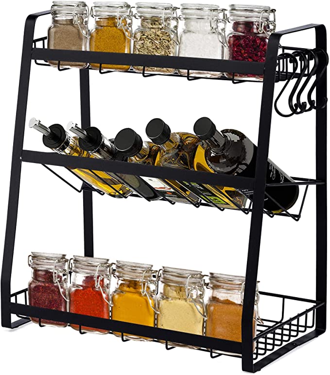 Kitchen Hero 3-Tier Spice Rack – Premium Organization Shelves for Kitchen – Metal Storage Rack with Anti-Slip Feet and Inclined Design – No Installation Required – 4 Hooks Included