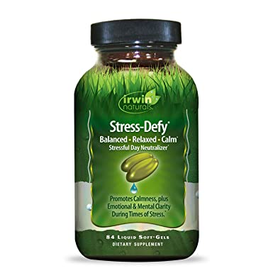 Irwin Naturals Stress-Defy Healthy Stress Response Support Supplement - Relax Body & Mind with GABA, Rhodiola, Skull Cap & L-Theanine - 84 Liquid Softgels