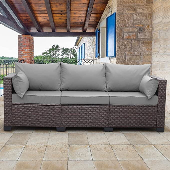 WAROOM Patio Couch PE Wicker 3-Seat Outdoor Sofa Brown Rattan Furniture Deep Seating with Non-Slip Grey Cushion