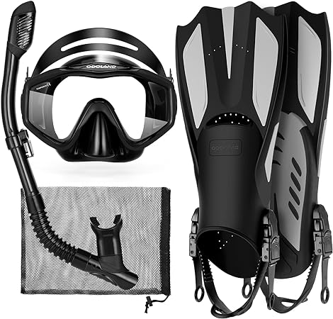 Odoland Kids Snorkeling Packages Snorkel Set, Anti-Fog and Anti-Leak Dry Top Snorkel Mask with Adjustable Swim Fins for Boys and Girls Age 9-15