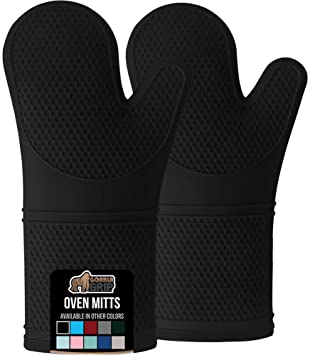 Gorilla Grip Extra Long Heat Resistant Silicone Oven Mitts Set, Soft Quilted Lining, Waterproof Flexible Gloves for Cooking and BBQ, Kitchen Mitt Potholders, Easy Clean, Set of 2, 14.5 Inch, Black