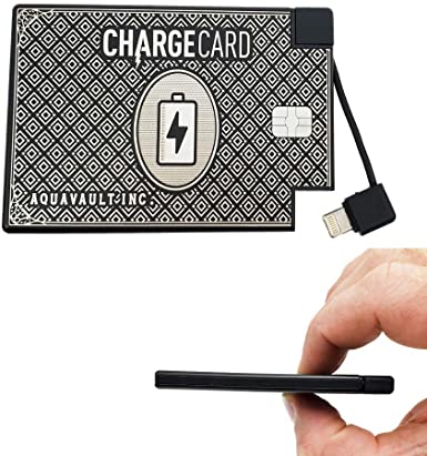 ChargeCard by AquaVault. Ultra Thin & Powerful Credit Card Sized Portable Charger & Battery Bank. 2700mAh/ 2.1A Fast Charge. External Charger with Interchangeable Cables (Lightning, USB-C, Mini USB)