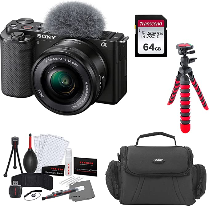 Sony ZV-E10 Mirrorless Camera with 16-50mm Lens (Black) with Transcend 64GB Memory Card   Flexible Tripod   Camera Bag   Cleaning Kit Bundle