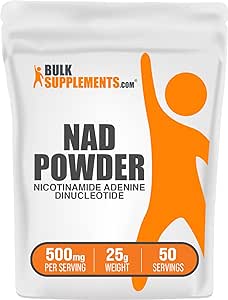 BulkSupplements.com NAD Powder - Nicotinamide Adenine Dinucleotide, NAD Supplement 500mg - for Energy Support, Pure & Gluten Free, 500mg per Serving, 25g (0.88 oz) (Pack of 1)