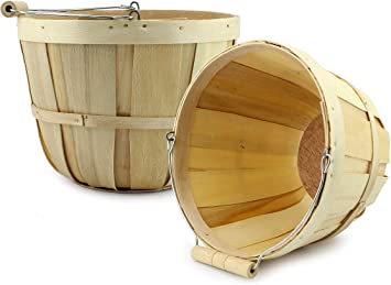Cornucopia Brands Round Wooden Baskets (2-Pack, Natural); Wood Fruit Buckets with Handle, 4-Quart Capacity; 6.1 Inch Tall by 8 Inch Diameter