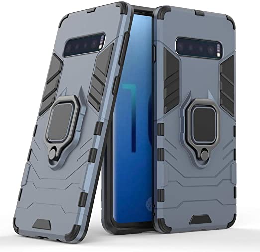 Compatible with Galaxy S10 Case, Metal Ring Grip Kickstand Shockproof Hard Bumper Shell (Works with Magnetic Car Mount) Dual Layer Rugged Cover for Samsung Galaxy S10 (Navy Blue)