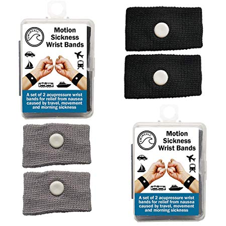 SwimCell Motion Sickness Wristbands – Natural Relief for Travel Sickness and Morning Sickness. Anti Nausea Wrist Bands for Adults and Children. Includes Storage Box. (Black/Grey, 2 Pairs)