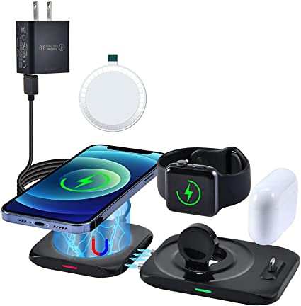 KeyEntre Wireless Charger, 4 in 1 Magnetic Wireless Charging Station for MagSafe Charger for iPhone 12/Pro/Pro Max/Mini/11 X XS XR, Apple Watch Airpods Pro/Airpod Multiple Device Charging Dock