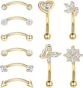 LOLIAS 10 Pcs 16G Rook Daith Earrings Stainless Steel Belly Lip Ring Cartilage for Women CZ Body Piercing Curved Barbell Eyebrow Rings 8mm Piercing Jewelry Set