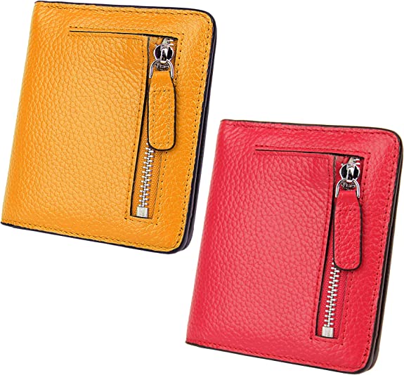 AINIMOER Women Leather Wallet RFID Blocking Small Mini Bifold Zipper Pocket Card Case Yellow and Red