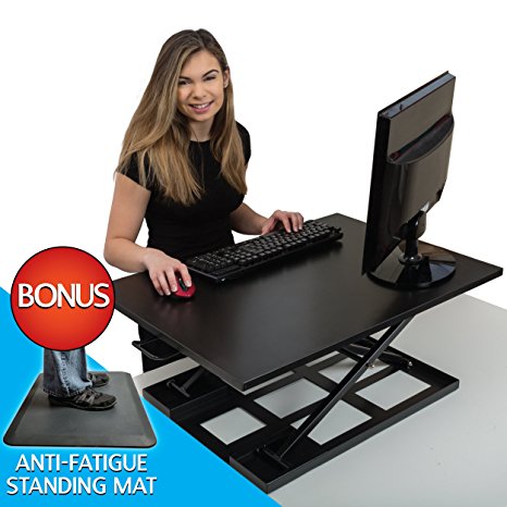 Standing Desk with Anti Fatigue Mat, Height - Adjustable Desk - Standup Workstation - Largest Surface 32 inches Wide, Convert any Desk to Sit Stand up, COMES FULLY ASSEMBLED, Koozam Office