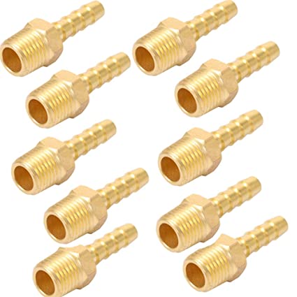 Brass Hose Barb Fittings,Air Hose Fittings, 1/4" Barb x 1/4" NPT Male Pipe,Compression Hose Fittings Adapter (10, 1/4" Barb x 1/4" NPT Male)