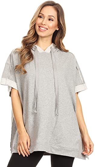 Anna-Kaci Womens Oversized Short Sleeve Hoodie Side Slits Pullover Sweater Top