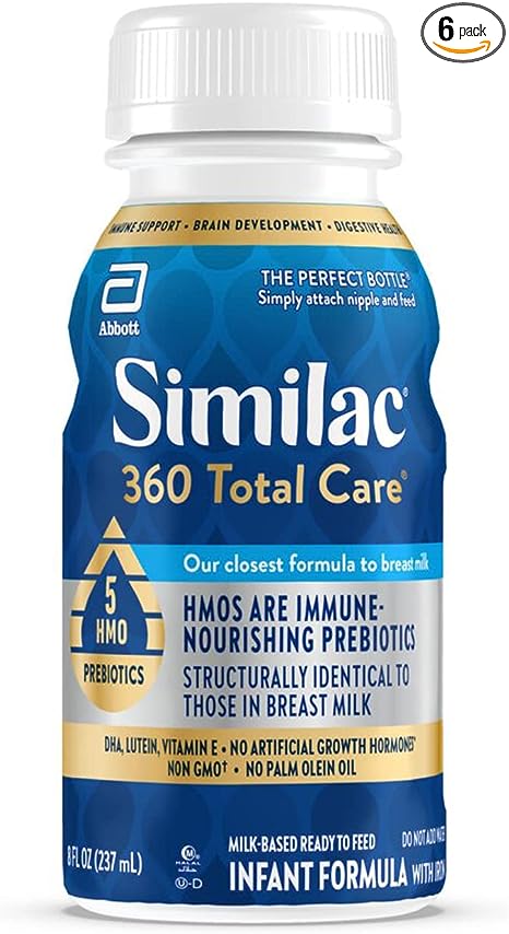 Similac 360 Total Care Infant Formula, with 5 HMO Prebiotics, Our Closest Formula to Breast Milk, Non-GMO, Baby Formula, Ready-to-Feed, 8-fl-oz Bottle (Pack of 6) (Packaging May Vary)