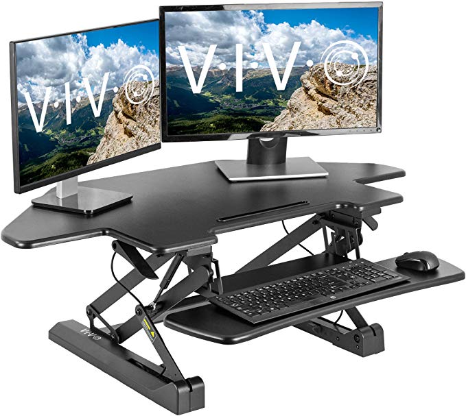 VIVO Black Corner Deluxe Height Adjustable 40 inch Standing Desk Converter | Sit Stand Tabletop Monitor and Laptop Riser Workstation (DESK-V000DC)