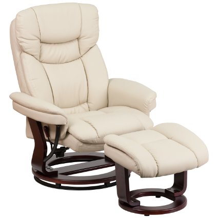 Flash Furniture Contemporary Beige Leather Recliner and Ottoman with Swiveling Mahogany Wood Base