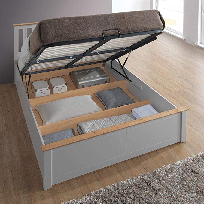 Happy Beds Phoenix Ottoman Storage Bed Pearl Grey Finish Modern Wooden Orthopaedic Mattress 5' King Size 150 x 200 cm