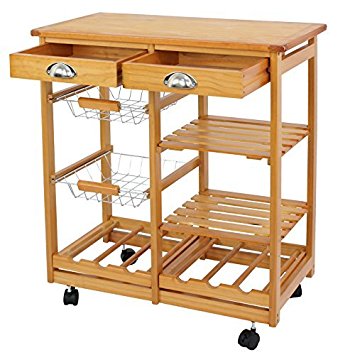 SUPER DEAL Rolling Kitchen Storage Cart Wood Dining Trolley w/ 2 Drawers and Shelves Natural Kitchen Storage Rack