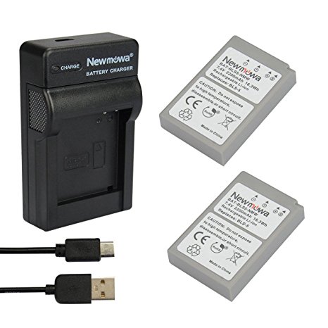 Newmowa Replacement BLS-5 Battery (2-Pack) and Portable Micro USB Charger kit for Olympus BLS-5, BLS-50, PS-BLS5 and Olympus OM-D E-M10, PEN E-PL2, E-PL5, E-PL6, E-PL7, E-PM2, Stylus 1