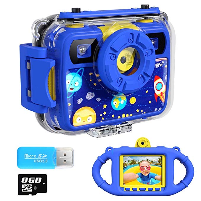 Ourlife Kids Camera, Selfie Kids Waterproof Digital Cameras for Kids 1080P 8MP 2.4 Inch Large Screen with 8GB SD Card, Silicone Handle and Fill Light,2019 Upgraded (Dark-Blue)