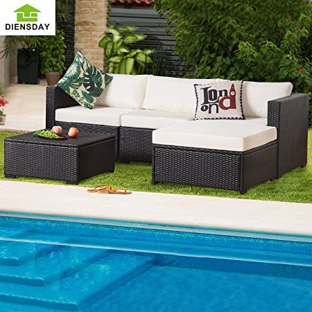 Diensday 5 Piece 5-7 Pieces All-Weather Patio PE Rattan Wicker Sofa Sectional Furniture Set Clearance Garden Furniture,Beige(5 Pieces, Black)