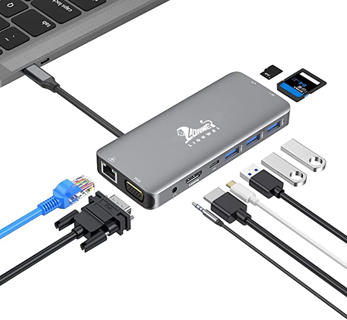 Adapter for MacBook Pro 2019/2018/2017 USB C Hub, 10-in-1 USB C Dongle with Gigabit Ethernet,USB C to HDMI VGA Adapter,100W Power Delivery,3 USB 3.0,SD TF Card Reader